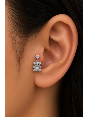 Semtim Kuyumculuk Sertifikalı 316L Çelik Kalp Taşlı Ayıcık Figürlü Sallantılı Premium Gümüş Renk Tragus ve Helix Piercing Gold