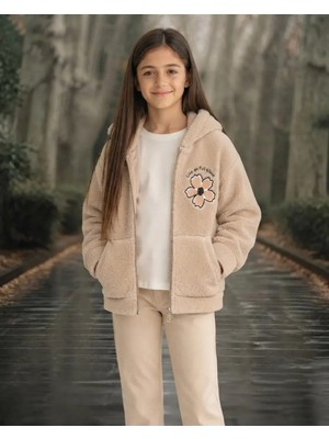 Flower Kız Çocuk Bej Çiçek Nakışlı Kapüşonlu Peluş Hırka