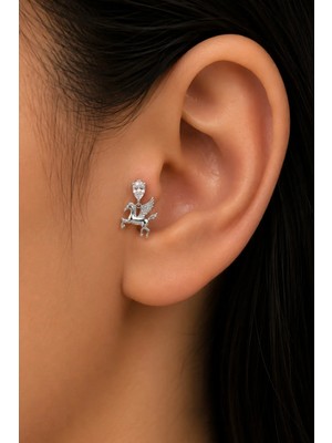 Semtim Kuyumculuk Sertifikalı 316L Çelik Damla Taşlı Pegasus Figürlü Sallantılı Premium Gümüş Renk Tragus ve Helix Piercing Gold