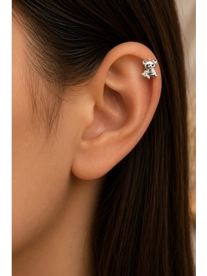 Semtim Kuyumculuk Sertifikalı 316L Çelik Yıldız Tutan Ayıcık Figürlü Taş Detaylı Premium Gümüş Renk Tragus ve Helix Piercing Gold 38