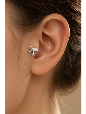 Semtim Kuyumculuk Sertifikalı 316L Çelik Damla Taşlı Asimetrik Fiyonk Figürlü Premium Gümüş Renk Tragus ve Helix Piercing Gold 39
