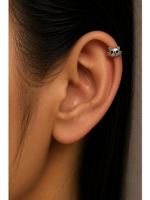 Semtim Kuyumculuk Sertifikalı 316L Çelik Siyah Göz Detaylı Kedi Yüzü Figürlü Premium Gümüş Renk Tragus ve Helix Piercing Gümüş 42