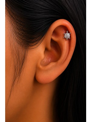 Semtim Kuyumculuk Sertifikalı 316L Çelik Taşlı Kaplumbağa Figürlü Premium Gümüş Renk Tragus ve Helix Piercing Gold Sertifikalı, Özel Kutulu, Hediye Paketli