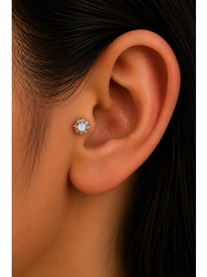 Semtim Kuyumculuk Sertifikalı 316L Çelik Buz Mavisi Taşlı Güneş Işını Figürlü Premium Gümüş Renk Tragus ve Helix Piercing Gold