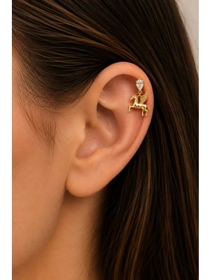 Semtim Kuyumculuk Sertifikalı 316L Çelik Damla Taşlı Pegasus Figürlü Sallantılı Premium Altın Kaplama Tragus ve Helix Piercing Gold