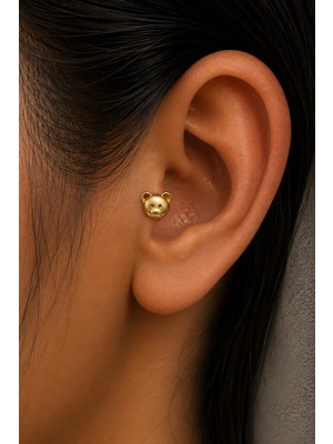 Semtim Kuyumculuk Sertifikalı 316L Çelik Minimal Ayıcık Yüzü Figürlü Premium Altın Kaplama Tragus ve Helix Piercing Gold 33