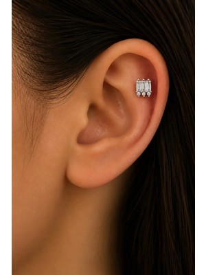 Semtim Kuyumculuk Sertifikalı 316L Çelik Üçlü Baget ve Yuvarlak Taşlı Premium Gümüş Renk Tragus ve Helix Piercing Gold