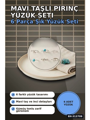 Marsilyan™- Mavi Taşlı Pirinç 6 Parça Yüzük Seti - 7-8 Numara Gümüş Renk Bijuteri Aksesuar BX-313709