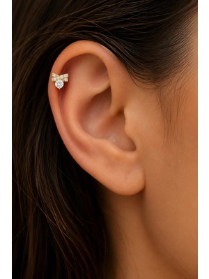 Semtim Kuyumculuk Sertifikalı 316L Çelik Taşlı Fiyonk ve Yuvarlak Tektaş Detaylı Premium Altın Kaplama Tragus ve Helix Piercing Gold