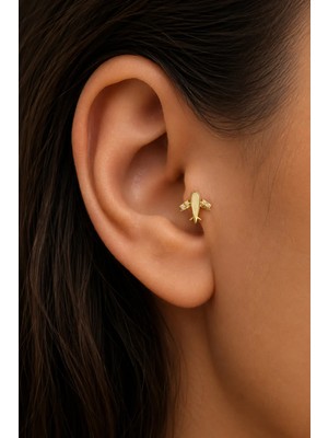 Semtim Kuyumculuk Sertifikalı 316L Çelik Krem Taşlı Uçak Figürlü Premium Altın Kaplama Tragus ve Helix Piercing Gold