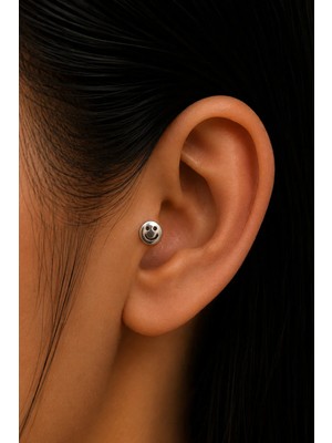Semtim Kuyumculuk Sertifikalı 316L Çelik Gülen Yüz Smiley Figürlü Taşsız Premium Gümüş Renk Tragus ve Helix Piercing Gold 48