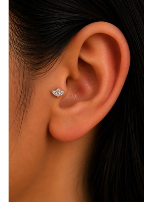 Semtim Kuyumculuk Sertifikalı 316L Çelik Markiz ve Yuvarlak Taşlı Üç Yaprak Form Premium Gümüş Renk Tragus ve Helix Piercing Gold
