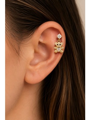 Semtim Kuyumculuk Sertifikalı 316L Çelik Kalp Taşlı Ayıcık Figürlü Sallantılı Premium Altın Kaplama Tragus ve Helix Piercing Altın