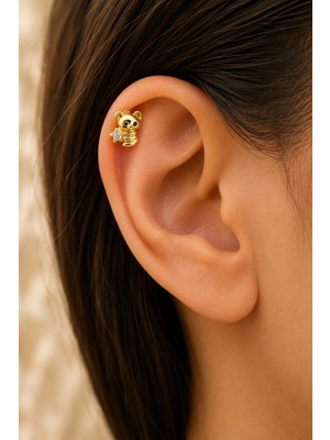 Semtim Kuyumculuk Sertifikalı 316L Çelik Yıldız Tutan Ayıcık Figürlü Taş Detaylı Premium Altın Kaplama Tragus ve Helix Piercing Gold 37 Sertifikalı, Özel Kutulu, Hediye Paketli