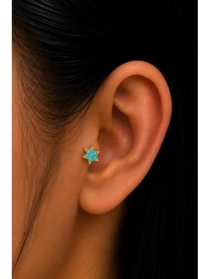 Semtim Kuyumculuk Sertifikalı 316L Çelik Turkuaz Mavi Taşlı Yıldız Figürlü Premium Altın Kaplama Tragus ve Helix Piercing Gold 50 Sertifikalı, Özel Kutulu, Hediye Paketli
