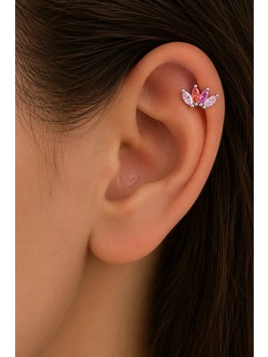 Semtim Kuyumculuk Sertifikalı 316L Çelik Pembe Fuşya ve Mercan Markiz Taşlı Taç Form Premium Gümüş Renk Tragus ve Helix Piercing Gold