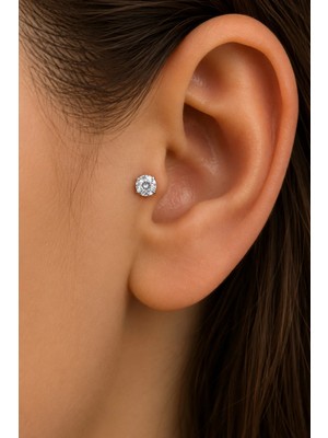Semtim Kuyumculuk Sertifikalı 316L Çelik Büyük Yuvarlak Tektaşlı Premium Gümüş Renk Tragus ve Helix Piercing Gold