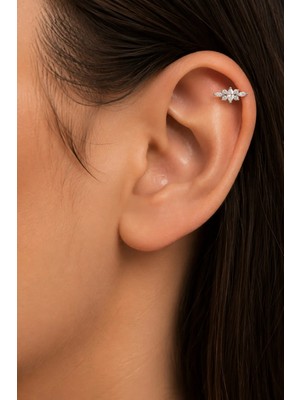 Semtim Kuyumculuk Sertifikalı 316L Çelik Markiz ve Yuvarlak Taşlı Simetrik Premium Gümüş Renk Helix Piercing Gold