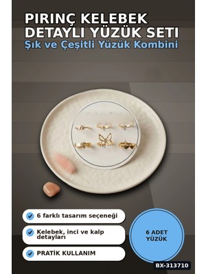 Marsilyan™- Pirinç 6'li Kelebek Detayli Yuzuk Seti 7-8 Numara Rengi Bijuteri BX-313710