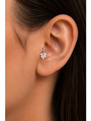 Semtim Kuyumculuk Sertifikalı 316L Çelik Markiz Taşlı Yaprak Dalı Figürlü Sallantılı Premium Gümüş Renk Tragus ve Helix Piercing Gold