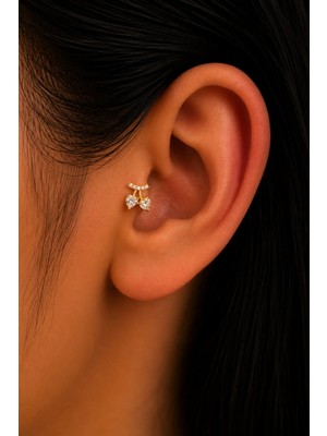Semtim Kuyumculuk Sertifikalı 316L Çelik Kalp Taşlı Kiraz Figürlü Premium Altın Kaplama Tragus ve Helix Piercing Gold Sertifikalı, Özel Kutulu, Hediye Paketli
