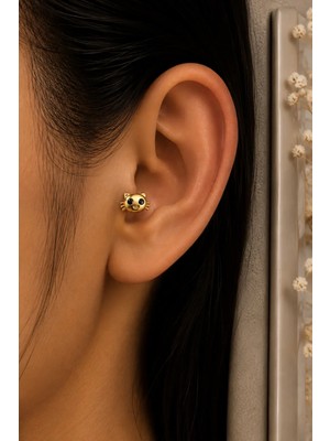 Semtim Kuyumculuk Sertifikalı 316L Çelik Siyah Gözlü Kedi Yüzü Figürlü Premium Altın Kaplama Tragus ve Helix Piercing Gold 43