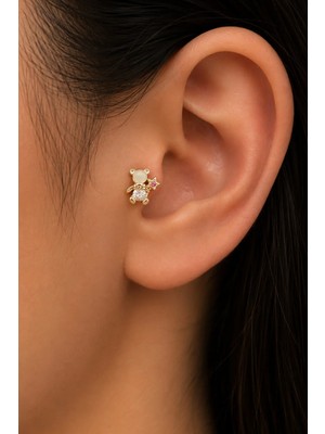Semtim Kuyumculuk Sertifikalı 316L Çelik Krem Taşlı Yıldız Tutan Ayıcık Figürlü Premium Altın Kaplama Tragus ve Helix Piercing Gold