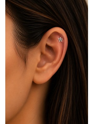Semtim Kuyumculuk Sertifikalı 316L Çelik Gülen Yüzlü Taşlı Yıldız Figürlü Premium Gümüş Renk Tragus ve Helix Piercing Altın