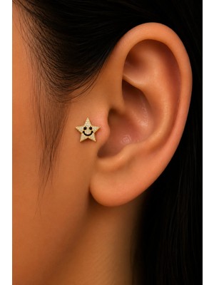 Semtim Kuyumculuk Sertifikalı 316L Çelik Gülen Yüzlü Taşlı Yıldız Figürlü Premium Altın Kaplama Tragus ve Helix Piercing Gold