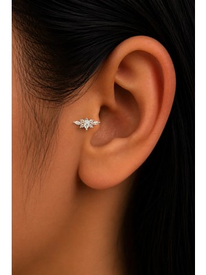 Semtim Kuyumculuk Sertifikalı 316L Çelik Markiz ve Yuvarlak Taşlı Yaprak Form Premium Gümüş Renk Helix Piercing Gold