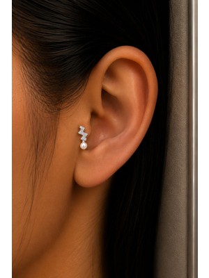Semtim Kuyumculuk Sertifikalı 316L Çelik Taşlı Şimşek Figürlü Inci Detaylı Premium Gümüş Renk Tragus ve Helix Piercing Gold 36