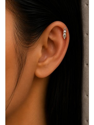 Semtim Kuyumculuk Sertifikalı 316L Çelik Uzun Kulaklı Tavşan Figürlü Taşsız Premium Gümüş Renk Tragus ve Helix Piercing Gold 46