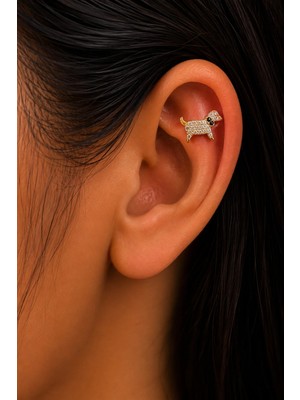 Semtim Kuyumculuk Sertifikalı 316L Çelik Taşlı Köpek Figürlü Siyah Tasma Detaylı Premium Altın Kaplama Tragus ve Helix Piercing Gold 29