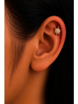 Semtim Kuyumculuk Sertifikalı 316L Çelik Taşlı Kaplumbağa Figürlü Premium Altın Kaplama Tragus ve Helix Piercing Gold