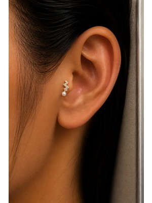 Semtim Kuyumculuk Sertifikalı 316L Çelik Taşlı Şimşek Figürlü Inci Detaylı Premium Altın Kaplama Tragus ve Helix Piercing Gold 35