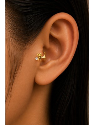 Semtim Kuyumculuk Sertifikalı 316L Çelik Tektaş ve Taşlı Göz Detaylı Kedi Figürlü Premium Gümüş Renk Tragus ve Helix Piercing Gold 45 Sertifikalı, Özel Kutulu, Hediye Paketli