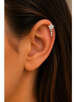 Semtim Kuyumculuk Sertifikalı 316L Çelik Taşlı Kayan Yıldız Figürlü Sallantılı Premium Gümüş Renk Helix Piercing Gold