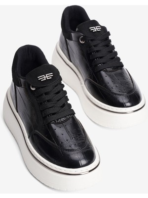 Mubiano Kadın Kroko Sneaker Süet Detaylı Bağcıklı Kalın Taban Roko Siyah
