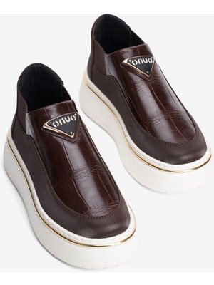 Mubiano Kadın Kroko Sneaker Nubuk ve Lastik Detaylı Kalın Taban Vono Kahverengi