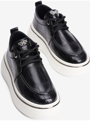 Mubiano Kadın Kroko Sneaker Bağcıklı Platin Şerit Detaylı Zuri Siyah