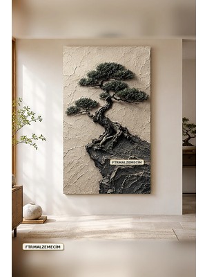 Premium Kayalık Üzerinde Rüzgârlı Bonsai Silüeti Çerçevesiz Kanvas Tablo