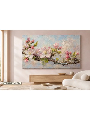 Premium Pastel Gökyüzünde Pembe Meyve Çiçekleri Çerçevesiz Kanvas Tablo
