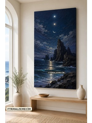 Premium Ay Evreleri ve Gece Deniz Kayalığı Çerçevesiz Kanvas Tablo