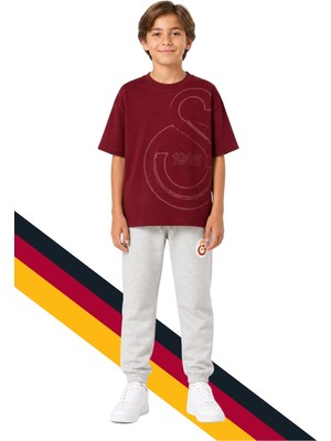 Galatasaray Çocuk Logo Baskılı Bordo Tişört ve Gri Eşofman Altı, Eşofman Takımı
