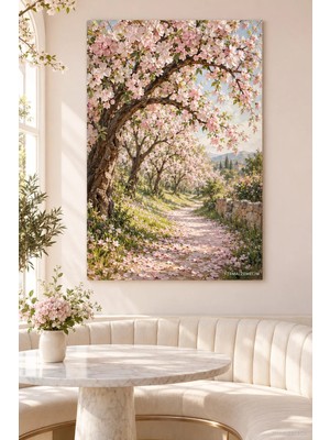 Premium Pembe Çiçekli Bahar Patikası Çerçevesiz Kanvas Tablo