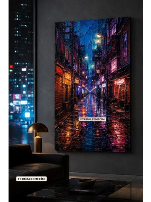 Premium Yağmurlu Gecede Neon Işıklı Dar Şehir Sokağı Çerçevesiz Kanvas Tablo