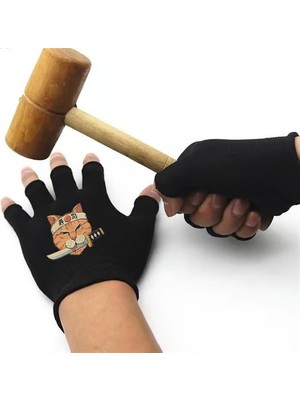 Dükkan Hediyelik Killer Cat Face Baskılı Unisex Siyah Kesik Çift Eldiven