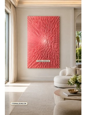Premium Mercan Tonlarında Merkeze Yayılan Işın Dokusu Çerçevesiz Kanvas Tablo