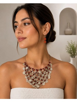 Mare Butik Bordo Boncuklu Otantik Para Detaylı Kolye