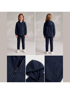 Dereff Unisex 3 Iplik Şardonsuz Kapşonlu Fermuarlı Sweatshirt (Lacivert) 11-12 Yaş